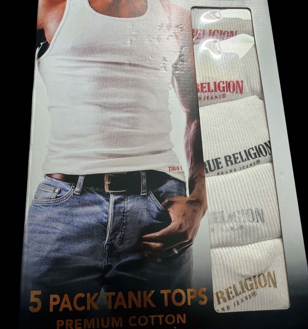True Religion Men's 5-Pack Premium Cotton Ribbed Logo Tanks- White Size Large
